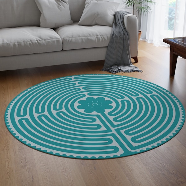 Teal Blue Labyrinth Round Rug, Meditation Yoga Rug, Breathing Exercise Rug, Finger Tracing Rug, Story Time Rug, Calm Corner, Throw Carp