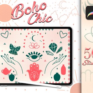 May include: A digital illustration of 50+ boho chic style stamps. The stamps feature a variety of designs, including hands, eyes, butterflies, crystals, and more. The stamps are in a pink, green, and white color scheme. The image also includes the text "Boho Chic" and "50+ Stamps".