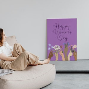 May include: A purple poster with the text "Happy Women's Day" and an illustration of multiple hands holding flowers.