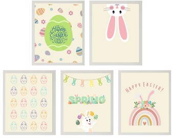 Conjunto de 5 impresiones digitales de Pascua, paquete de arte de pared imprimible de Pascua, impresiones digitales de Pascua, decoraciones de Pascua, conejito de Pascua, huevo de Pascua, Pascua