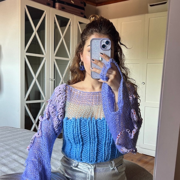 Valentines Gift For Her, Sweaters for Women,Blue Purple Knitted Sweater, Crochet Sweater with Mesh Sleeves, Custom Design Knit Sweater