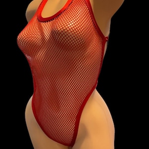 Red Fishnet Open Back Bodysuit - One size fits most