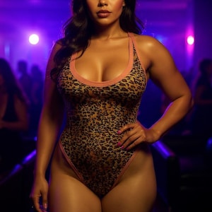 May include: A one-piece swimsuit with a leopard print pattern. The swimsuit has a halter neckline and a pink trim. The background is a blurred interior with purple lighting.