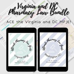 Könnte beinhalten: Zwei digitale Tablets, die die Cover von zwei Studienleitfäden für die Apothekenlizenzprüfung zeigen. Der Leitfaden auf der linken Seite ist für Virginia und ist grün und weiß. Der Leitfaden auf der rechten Seite ist für Washington DC und ist lila und weiß. Beide Leitfäden zeigen einen Hammer und den Text "Ultimate Pharmacy Law Guide".