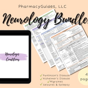 May include: A digital tablet displaying the text "Neurologic Conditions" on a purple background. The tablet is on a peach background with a stack of four pages titled "Neurology Bundle!" and a list of neurological conditions: Parkinson's Disease, Alzheimer's Disease, Migraines, Seizures & Epilepsy.