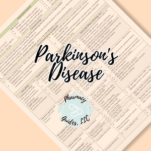 May include: A close-up of a chart with information about Parkinson's Disease. The chart includes information about the epidemiology, risk factors, pathophysiology, clinical presentation, drug names, forms, classes, side effects, and other information. The chart is titled "Parkinson's Disease".