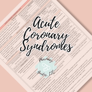 May include: A pink and white chart with the title "Acute Coronary Syndromes" and a table outlining the different types of acute coronary syndromes, their symptoms, and treatment options.