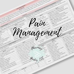 May include: A pink and white chart with the title "Pain Management" and a detailed breakdown of different pain medications, their mechanisms, dosages, and side effects. The chart includes categories such as Acetaminophen, Opioid Analgesics, Non-Steroidal Anti-inflammatory Drugs (NSAID), and Adjuvants for Pain Management.