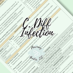 Puede incluir: Un gráfico médico verde y blanco con el título "C. Diff Infection" en negrita en negro. El gráfico enumera los síntomas, el diagnóstico, el tratamiento y otra información sobre la infección por Clostridioides difficile.