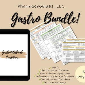 May include: A digital tablet displaying the text "Gastrointestinal Conditions" on a brown background. The tablet is surrounded by six pages of printable information about gastrointestinal conditions, including GERD, Peptic Ulcer Disease, Short-Bowel Syndrome, Inflammatory Bowel Disease, Constipation/Diarrhea, and Motion Sickness. The text "6 pages!" is displayed in a circle on the bottom right corner of the image.