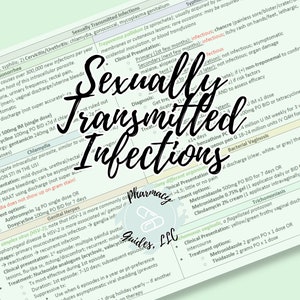 May include: A green and white chart with the title "Sexually Transmitted Infections" and lists different types of sexually transmitted infections, their symptoms, diagnosis, and treatment options.