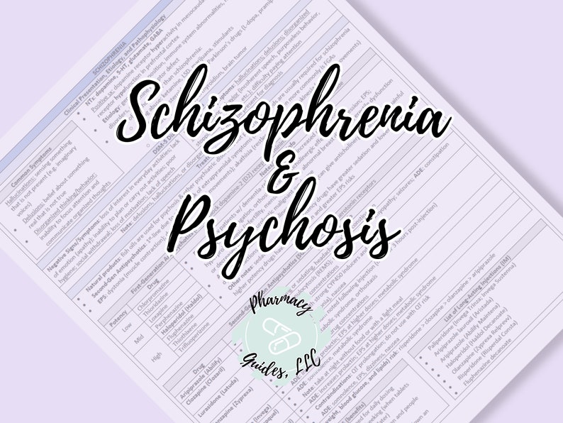 May include: A detailed pharmacology guide for schizophrenia and psychosis, featuring common symptoms, negative signs, and drug information. The document includes a list of medications, dosages, and potential side effects, all presented on a light purple background.