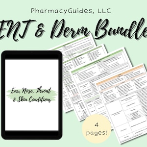 Könnte beinhalten: Ein digitales Tablet mit dem Text Ear, Nose, Throat & Skin Conditions neben drei gedruckten medizinischen Referenzblättern. Das Set trägt den Titel PharmacyGuides, LLC ENT & Derm Bundle! und enthält ein rundes Abzeichen mit 4 pages!