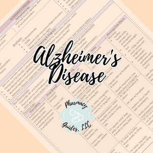 May include: A pink and white chart with the title "Alzheimer's Disease" and information about the disease, including risk factors, pathology, screening and diagnosis, and treatment options. The chart also includes a list of medications used to treat Alzheimer's disease.