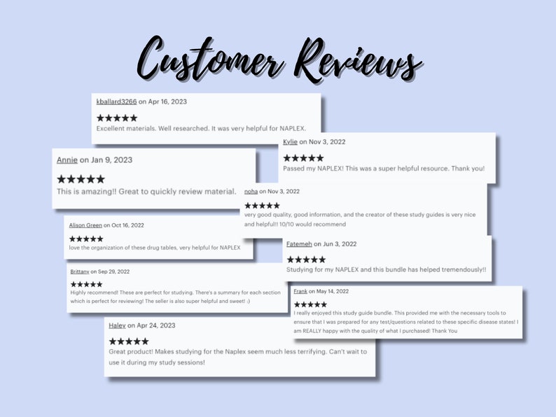 May include: Image featuring customer reviews with a light blue background. The title "Customer Reviews" is written in a cursive font. Several customer testimonials are displayed, each with a 5-star rating and a brief comment about the product's quality and helpfulness.