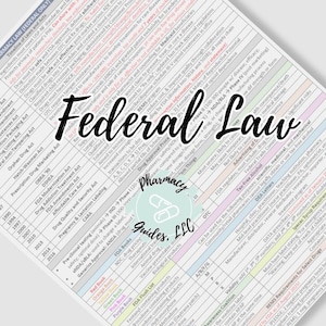 May include: A detailed chart titled "Federal Law" with text about pharmacy regulations. The document includes a timeline of laws and acts, with sections on drug approval, and requirements. The Pharmacy Guides, LLC logo is visible.