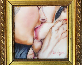 Tiny Temptation Lesbian-Themed Miniature Original Oil Painting &quot;A12&quot;