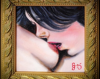 Tiny Temptation Lesbian-Themed Miniature Original Oil Painting &quot;A16&quot;