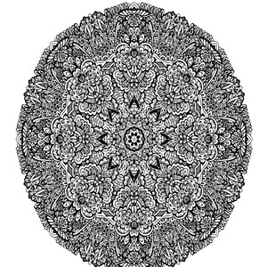 May include: Black and white intricate mandala design with a circular pattern of flowers, leaves, and swirls.