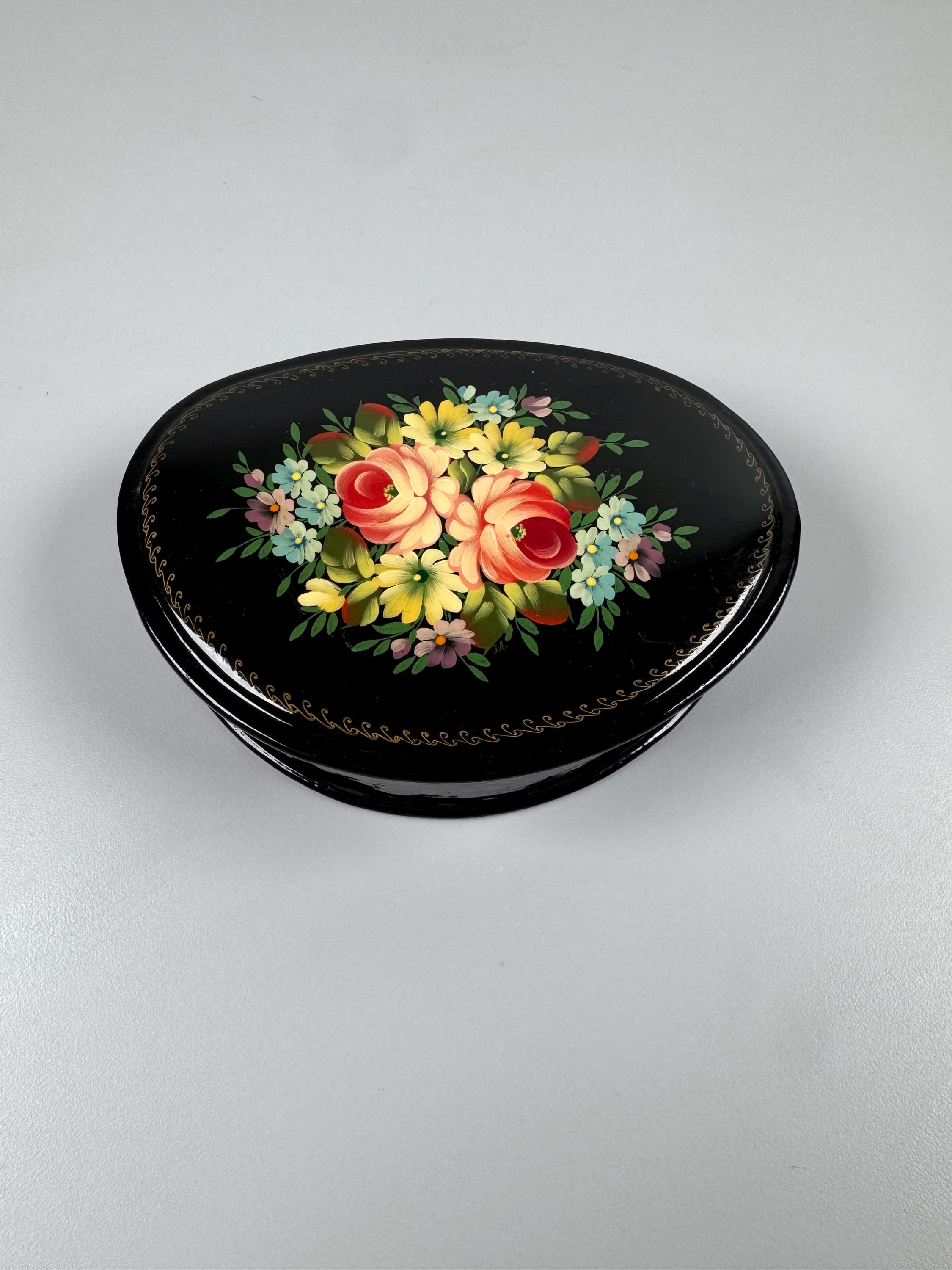 Vintage Russian Lacquer Box, Hand Painted Zhostovo Style Floral
