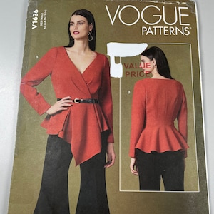 May include: Vogue Patterns sewing pattern for a red wrap top with a peplum and long sleeves. The pattern is for sizes 6-8-10-12-14. The pattern is labeled "Value Price".