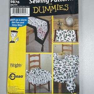 May include: A sewing pattern for tablecloths, placemats, and chair cushions. The pattern is for a holiday theme with a white background and a green and red floral design. The pattern is titled "Sewing Patterns for Dummies" and includes the number 9876.
