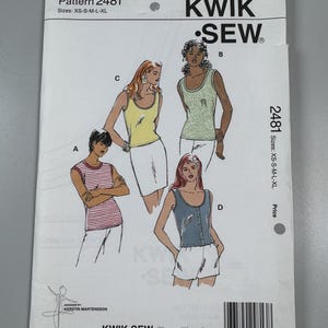 May include: A white Kwik Sew sewing pattern envelope, number 2481, for sizes XS-S-M-L-XL. The front features illustrations of four tank top variations labeled A, B, C, and D, with text including the designer name Kerstin Martensson and a barcode.