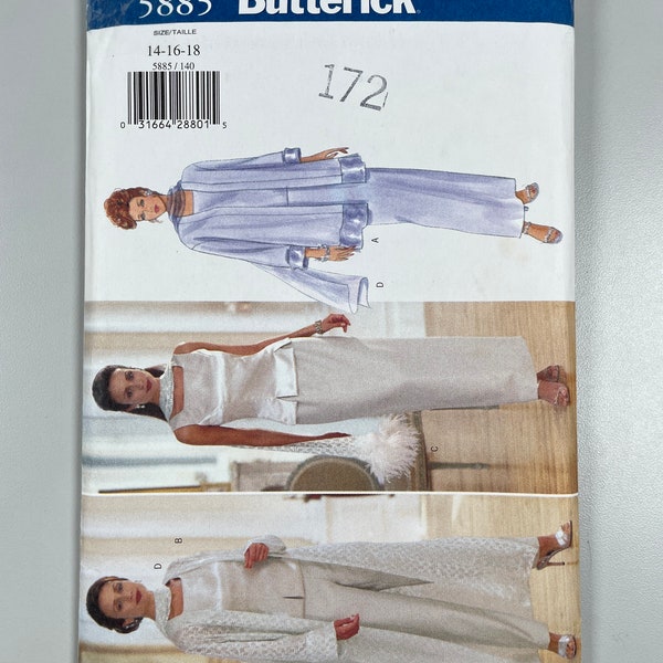 Butterick 5885 FF Uncut Misses Petite Duster Top Skirt Pants Scarf. Size 14-16-18 bust 36”-40”. Multi size for custom fit. 1998.