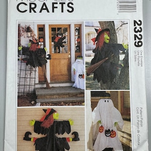 May include: A McCall's Crafts sewing pattern for a Halloween witch and ghost. The pattern includes instructions for making a witch with a black dress, a green face, and a red hat, and a ghost with a white sheet and a black cat.