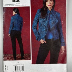 May include: A sewing pattern for a blue blazer with a white and blue patterned design. The pattern is for sizes 6-8-10-12-14 and is from Vogue Patterns, American Designer, Anne Klein. The pattern number is V1597.