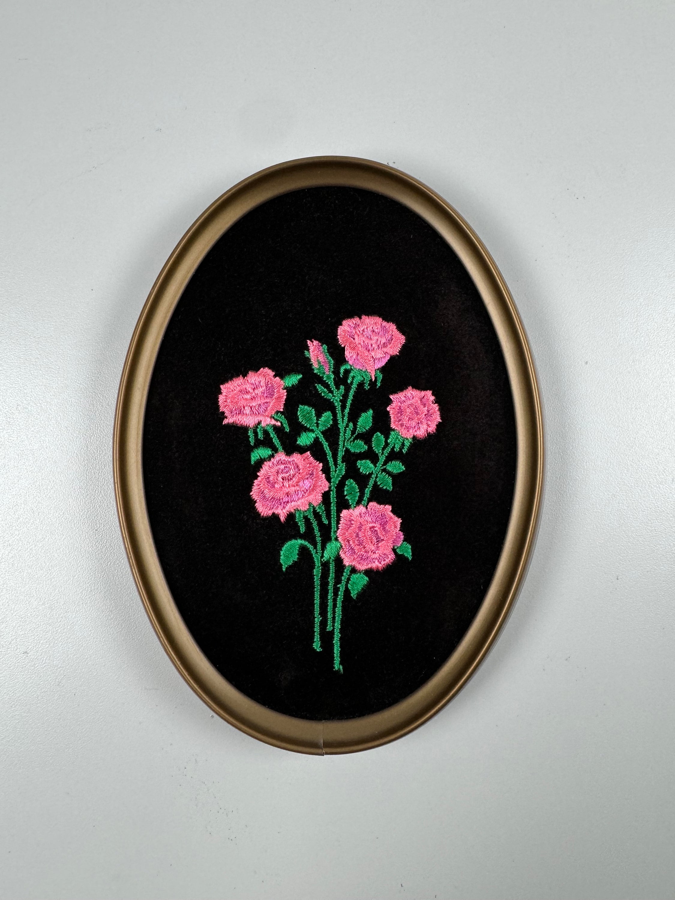 Vintage Black Velvet Pink Floral Embroidered Oval Framed College