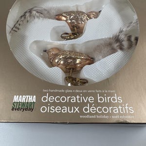 Può includere: Due uccelli decorativi in vetro fatti a mano con corpi color bronzo e dettagli glitterati dorati. Ogni uccello ha una coda di piume ed è presentato in un contenitore rotondo bianco. La confezione include il testo "uccelli decorativi" e "vacanza nel bosco".