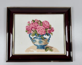 Vintage Cross Stitch Petit Point Professional Matted in Wood Framed Glass Front Wall Hanging. Lovely Colours and Florals Subject. 12” x 11”