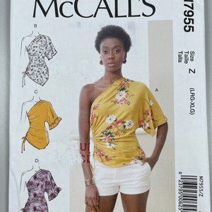 McCall&#39;s M7955 FF Uncut Easy Sew Misses Top Poll-over have one shoulder extended sleeve with variants. Size 16-18-20-22 bust 38”-44” Cruise.