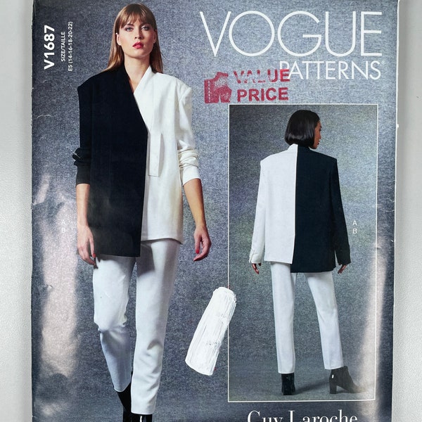 Vogue V1687 FF Uncut Advanced Misses Jacket and Pants. Lined jacket two piece sleeve, snap closures working vent. 14,16,18,20,22 bust 36-44”