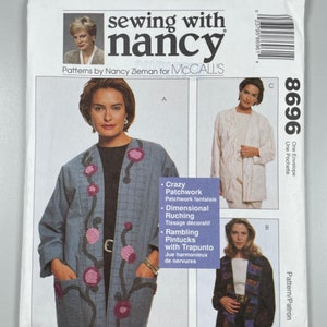 May include: Sewing pattern for a jacket with a patchwork design. The pattern is called "Crazy Patchwork" and features a dimensional ruching technique. The pattern is by Nancy Zieman for McCall's.