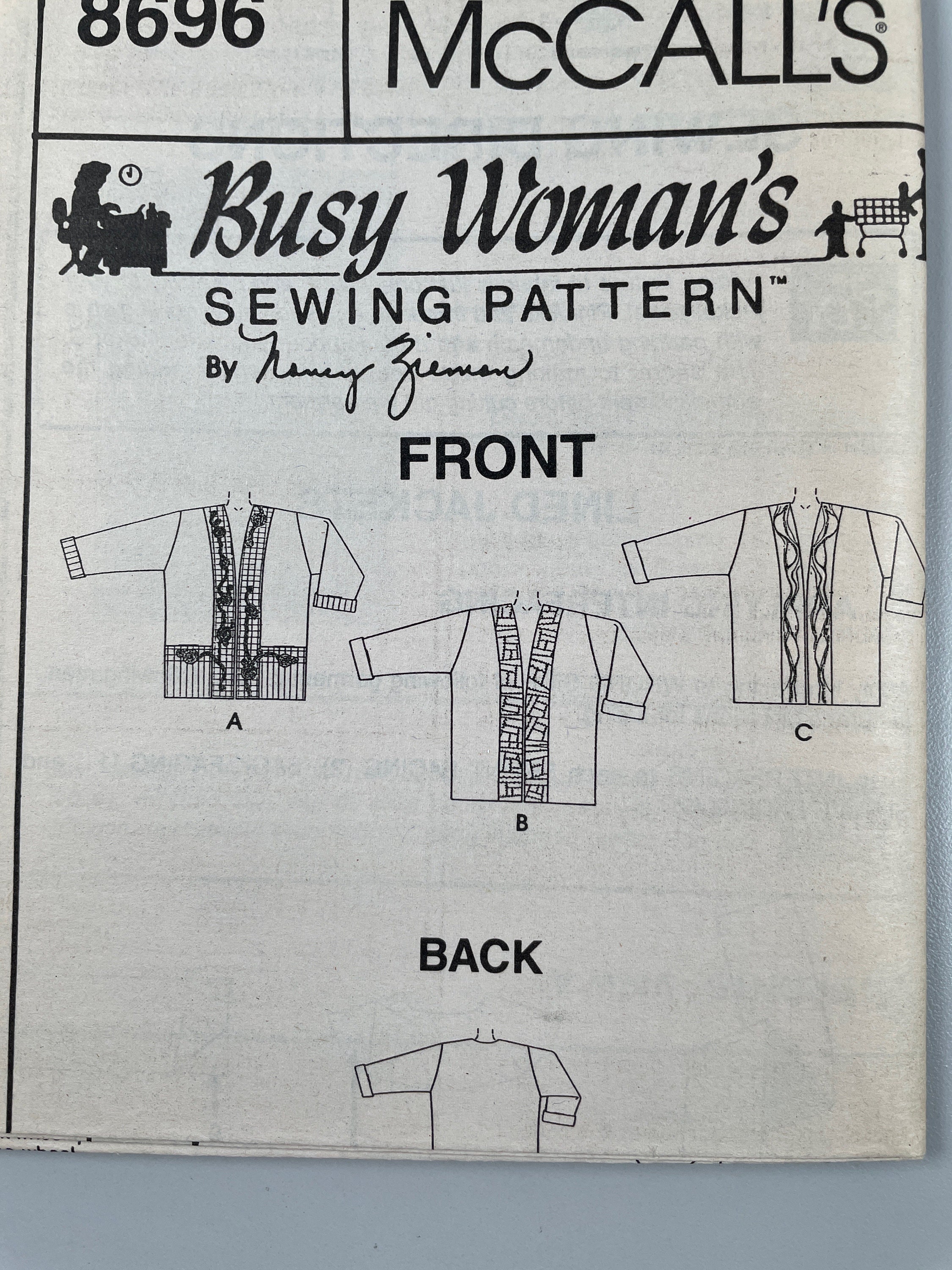 Mccall's 8696 FF Uncut Sewing With Nancy Zieman Lined Loose