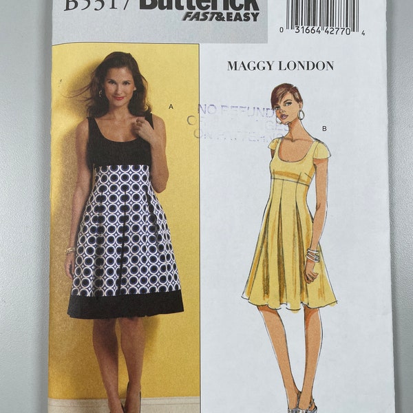Butterick B5317 FF Uncut Very Easy Sew Maggy London Slightly Flared Dresses. Size 8-10-12-14 bust 31.5”-36” seam pockets. Cute. Classic