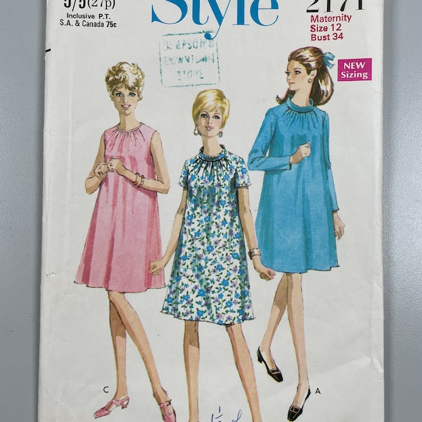 Style 2171 1968 Maternity Dress or Tunic Tent Type Dress. Bias roll collar. Size 12 bust 34 Cute dress or tops Vintage 1968 Sewing Patterns
