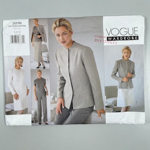 May include: A sewing pattern for a blazer and skirt or pants. The pattern is from Vogue and is for sizes 6-8-10. The pattern shows a woman wearing a blazer and skirt, a blazer and pants, and a skirt and top.