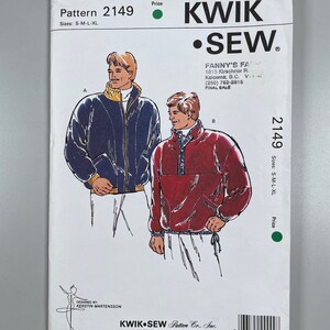 Kwik Sew 2149 Men Guys Man Youth Boys loose fitting Jackets have drop shoulders. Various front closings. Pockets Sizes S-M-XL Sewing Pattern