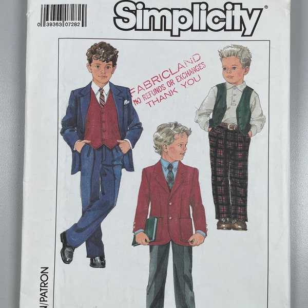 Simplicity 8829 FF Uncut Childs pants and lined jacket and vest. Pants have fly front side pockets front pleats size 4 chest 23”