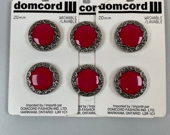 Vintage 6 Buttons Domcord Silver Metal Red Shank 20mm New Old Stock On Card