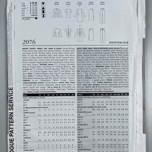 May include: A sewing pattern for a jacket, dress, top, skirt, and trousers. The pattern includes instructions and measurements for sizes 6 to 24. The pattern is for a loose-fitting, lined jacket with shoulder pads and long sleeves. The dress is fitted, lined, and A-line. The skirt is semi-fitted, lined, and tapered. The trousers are semi-fitted, straight-legged, and have a waistband, side pockets, and back zipper.