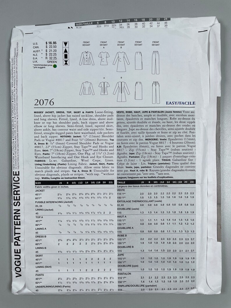 May include: A sewing pattern for a jacket, dress, top, skirt, and trousers. The pattern includes instructions and measurements for sizes 6 to 24. The pattern is for a loose-fitting, lined jacket with shoulder pads and long sleeves. The dress is fitted, lined, and A-line. The skirt is semi-fitted, lined, and tapered. The trousers are semi-fitted, straight-legged, and have a waistband, side pockets, and back zipper.