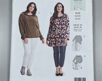 Burda 6392 FF Uncut Average Sew Blouse Top Tunic pleated front sleeve neck and hem variation’s. Size 20-22-24-26-28-30 bust 41”-52” Formal.