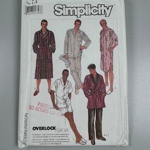 May include: Simplicity sewing pattern number 8325, size large, for a robe or pyjamas. The pattern includes instructions for sewing on an overlock/serger or conventional machine. The pattern shows four different styles of robes and pyjamas, including a plaid robe, a striped robe, a solid robe, and a short-sleeved pyjama top.