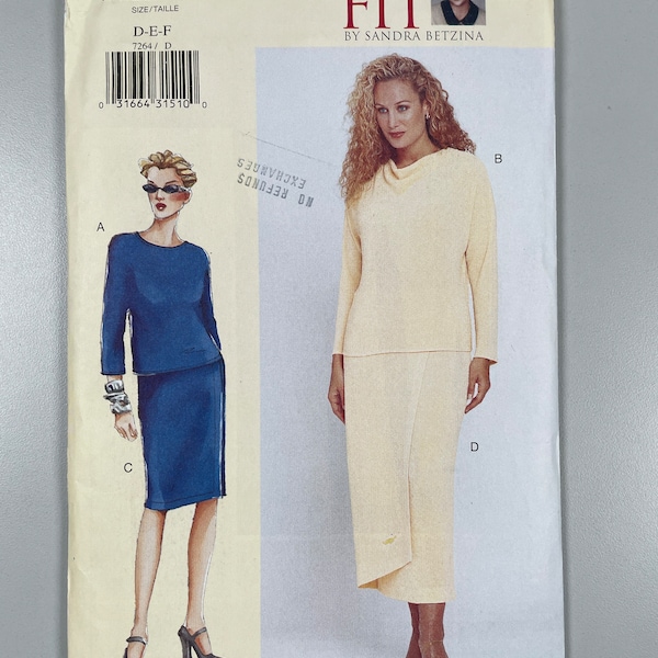 Vogue 7264 FF Uncut Todays Fit by Sandra Betzina Petite top and Skirt Easy to sew. Close fitting pullover formal suit has variations 38"-43"
