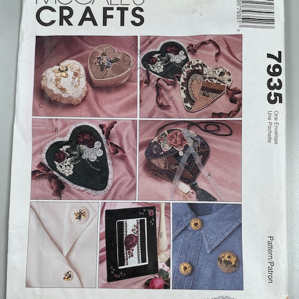 McCalls 7935 FF Uncut Ribbon Embroidery. Necklace, Tool Caddy, Pin Cushion, Heart Box, Framed Picture, Button Covers. Sewing Pattern Crafts