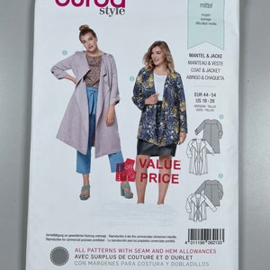 May include: Burda Style sewing pattern 6213 for a coat or jacket. The pattern includes seam and hem allowances. The pattern is available in sizes EUR 44-54, US 18-28.